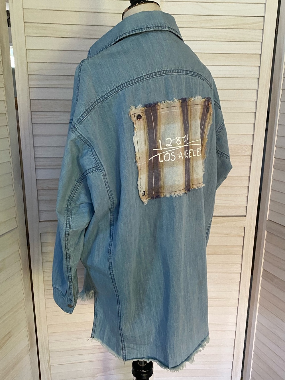 POL Blue Denim Button-Down Shirt/Shacket with Back Plaid Patch SZ S - Picture 9 of 14